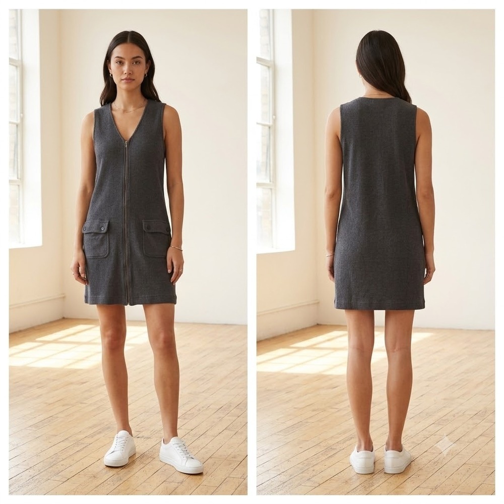 ones New York Sport Gray Ribbed Knit Full Zip Tunic Vest Dress Vintage Y2K Med